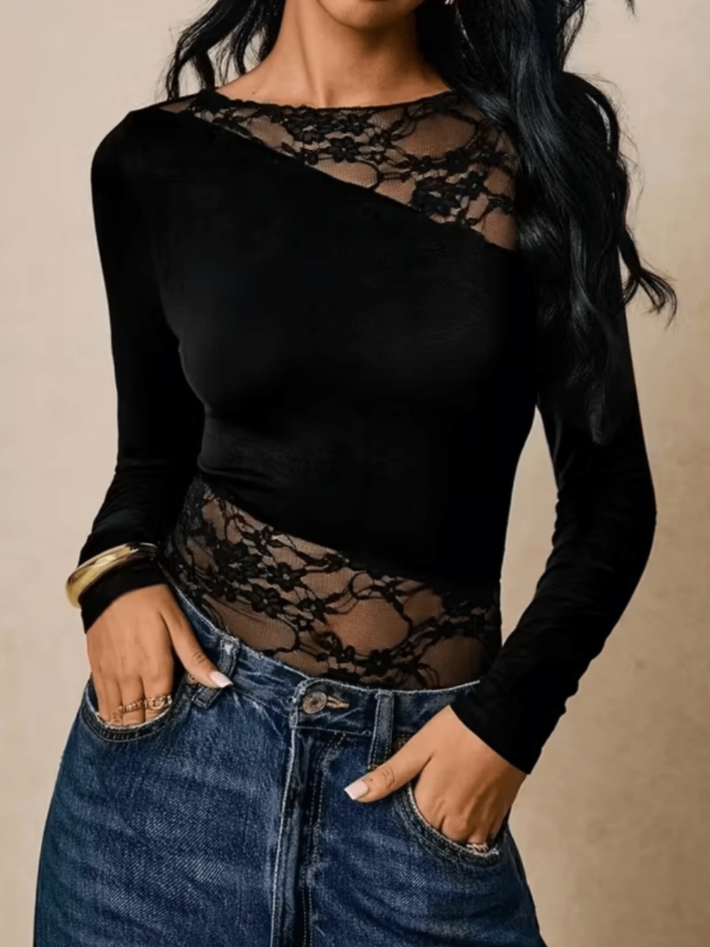 SHEIN Black Contrast Lace Details Bodysuit